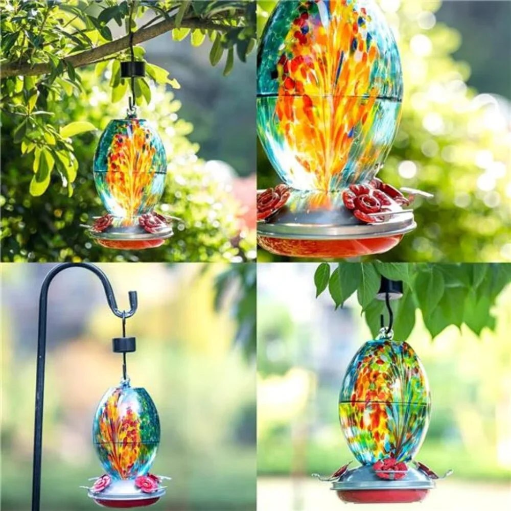 Garden Glass Humming Bird Feeders for Outdoors - 27OZ Blown Glass Feeder